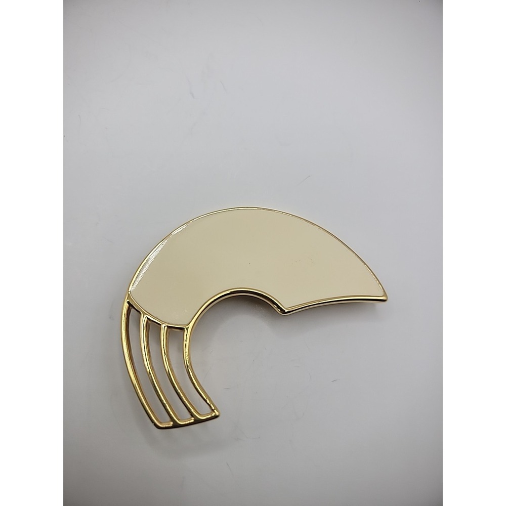 Vintage Monet Brooch Pin Beige Enamel Moon Shaped Cut Out Jewelry Costume